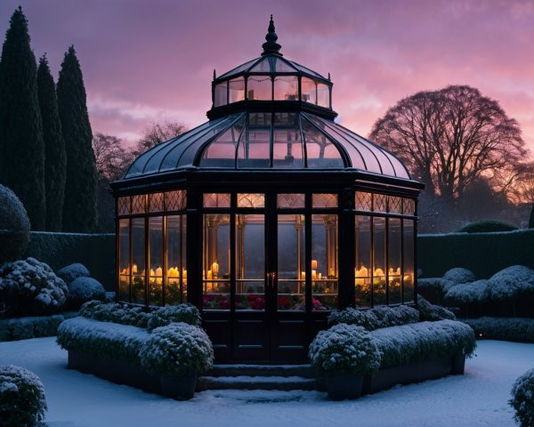 Glass Greenhouse in Winter Landscape with Roses