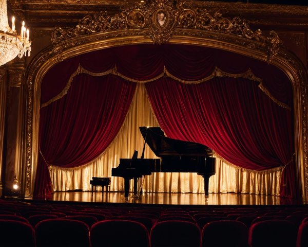 Grand theater stage with red curtains and piano