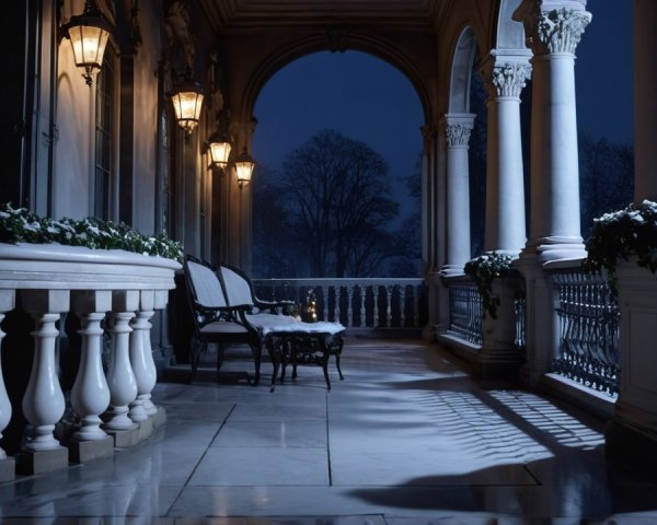 Snowy Marble Balcony with Twin Chairs and Lantern Table