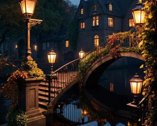 Tranquil Evening Scene with Stone Bridge and Lanterns