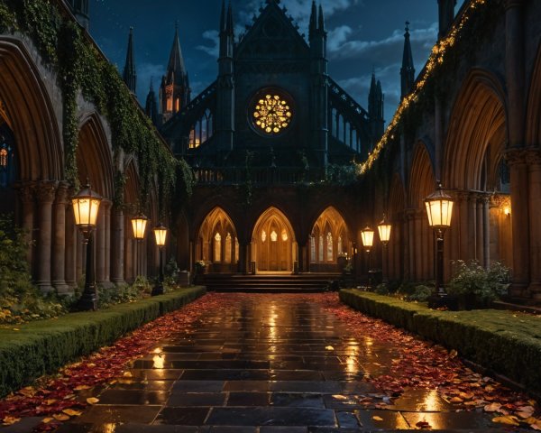 Gothic Courtyard with Lanterns and Autumn Leaves