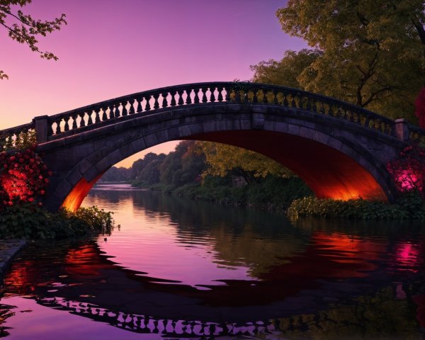 Serene Evening Scene with Stone Arch Bridge and Lights