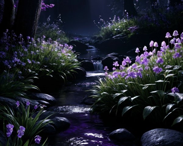 Twilight Forest Scene with Purple Flowers and Stream