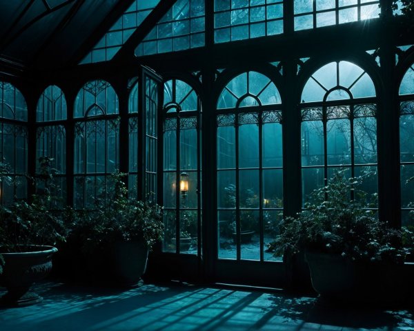 Dimly Lit Conservatory with Moonlit Garden View