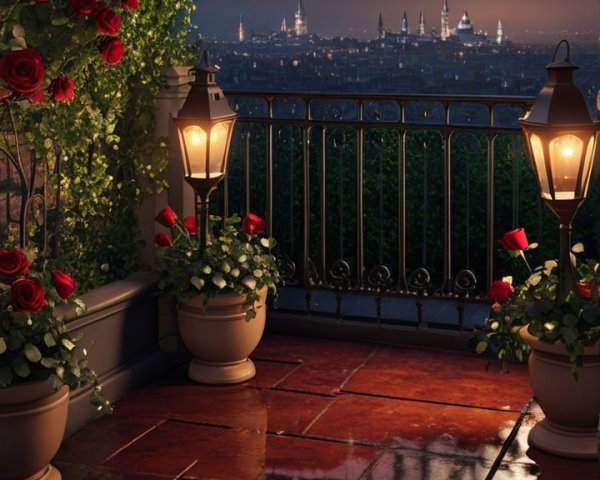 Serene Nighttime Balcony with Roses and Cityscape