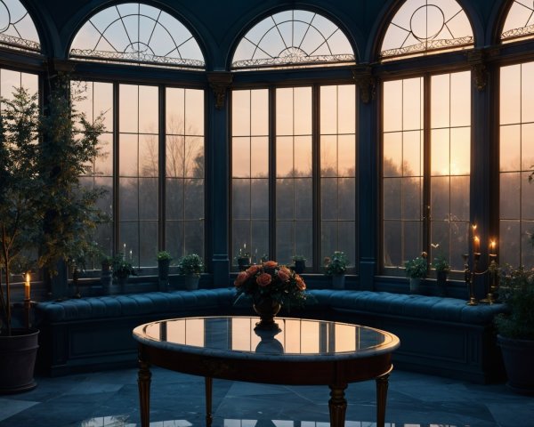 Elegant Sunlit Conservatory with Floral Centerpiece