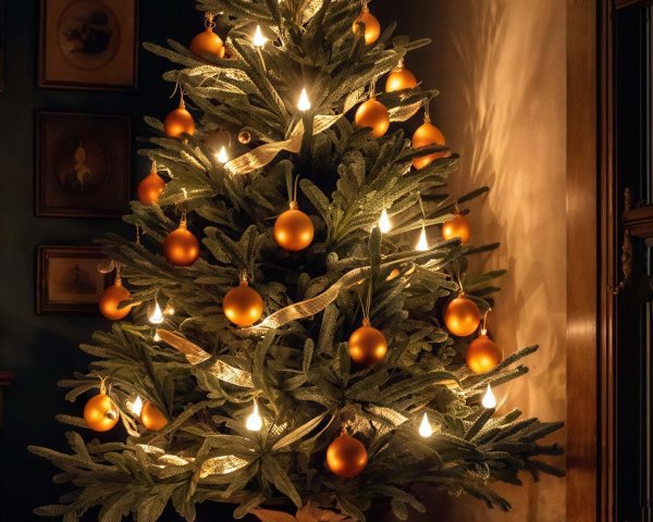 Festive Christmas Tree with Warm Lights and Ornaments
