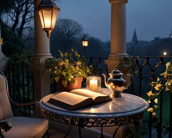 Serene Balcony Scene at Dusk with Lanterns and Plants