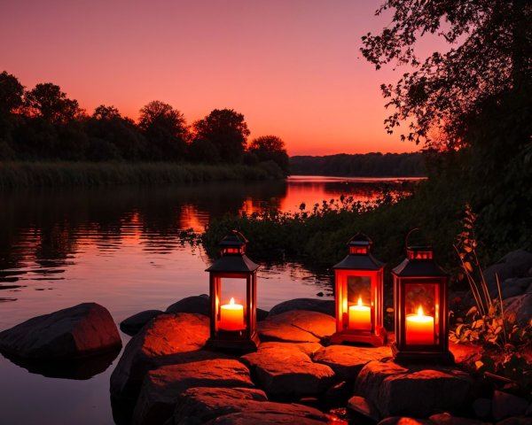 Tranquil Sunset Over Calm River with Lanterns