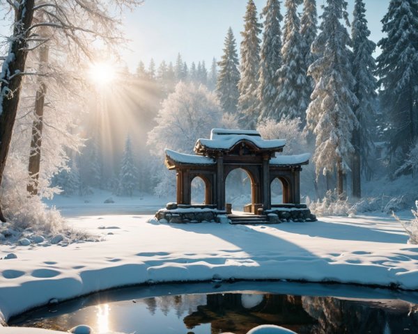 Winter Landscape with Gazebo and Snowy Evergreens