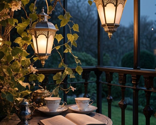 Cozy Balcony Scene with Lanterns and Teacups