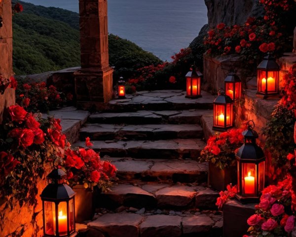 Serene Pathway with Rose Bushes and Sunset Sea View