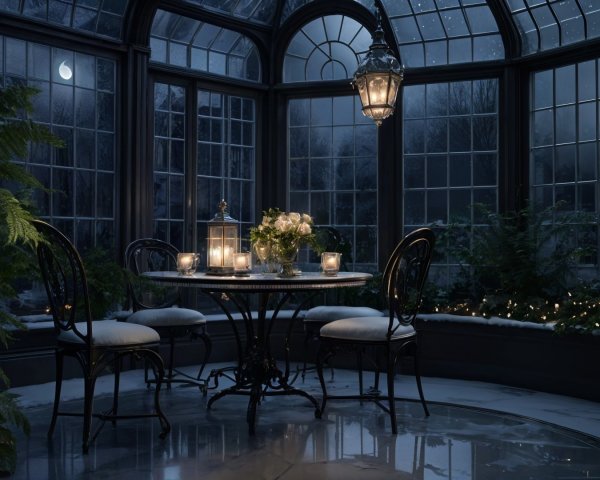 Serene Glass Conservatory with Elegant Table Setting
