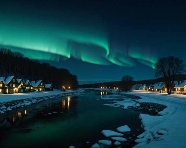 Serene Winter Landscape with Aurora Borealis and Cabins