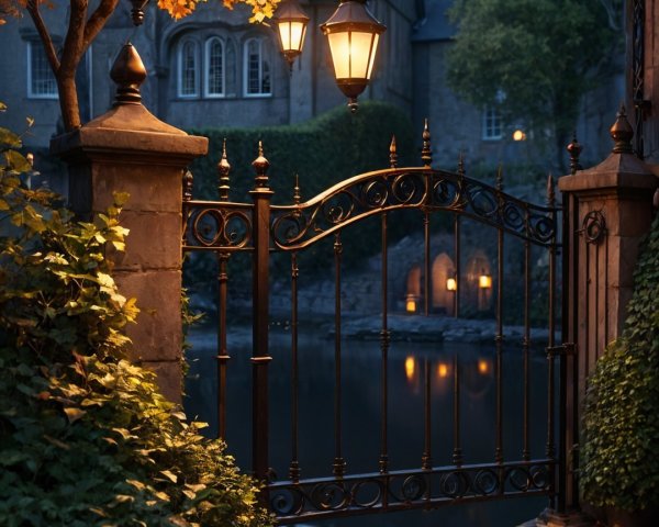 Charming Pathway with Lanterns and Autumn Foliage