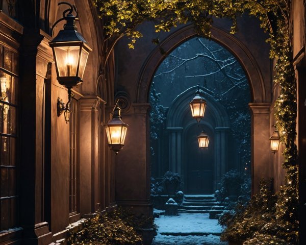 Serene Courtyard with Arched Walls and Lanterns