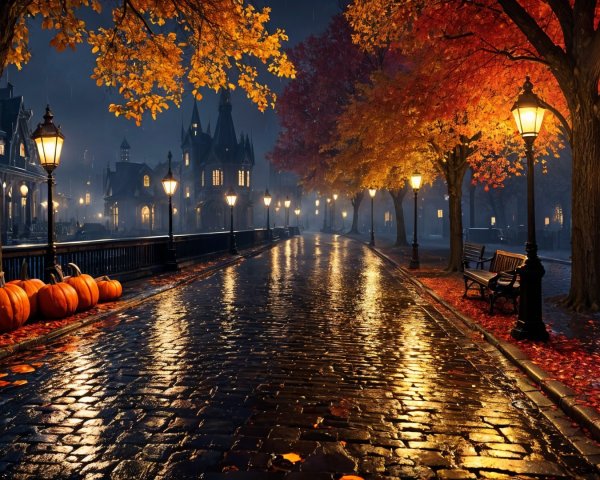 Serene Night Scene with Cobblestone Path and Autumn Leaves