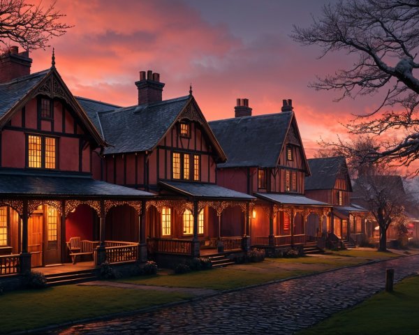 Traditional houses with evening light and twilight sky