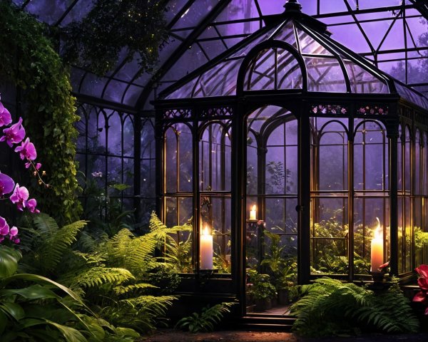 Serene greenhouse with purple light and lush plants