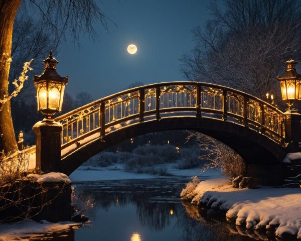 Illuminated Bridge Over a Reflective Winter River
