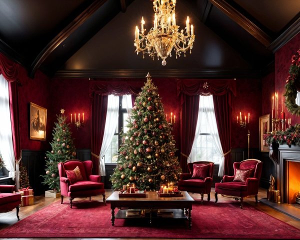 Elegant Christmas Room with Dark Red Walls and Decor
