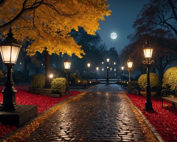 Serene Park Evening with Vintage Streetlamps and Autumn Leaves