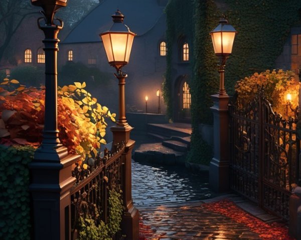 Serene Cobblestone Pathway with Autumn Leaves and Lamps