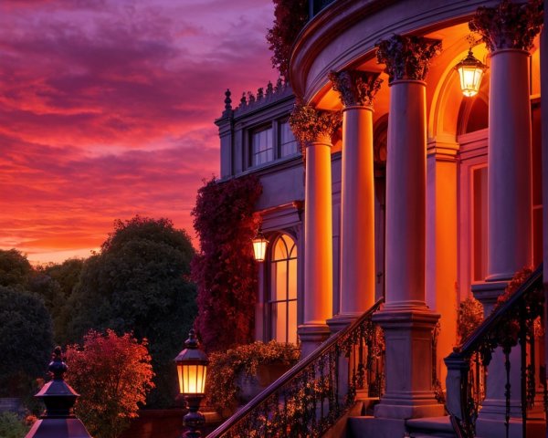 Majestic Mansion at Dusk with Elegant Features