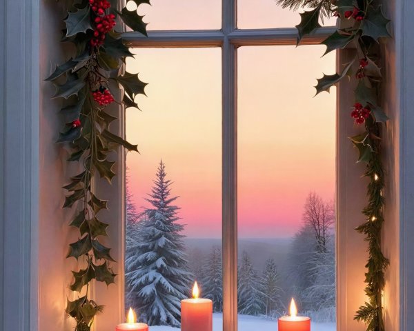 Cozy Window Scene with Candles and Snowy Forest