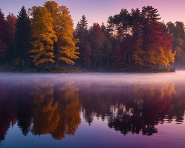 Autumn Landscape with Calm Lake and Misty Dawn