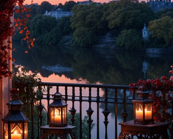 Serene Balcony Scene with Vines and Dusk Reflections