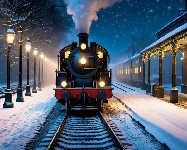 Vintage steam train at snowy decorated station at night