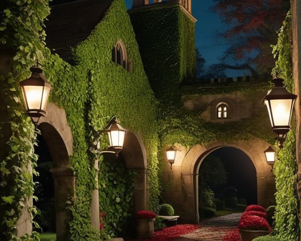 Serene Nighttime Scene with Stone Archway and Lanterns