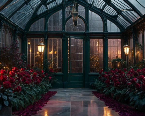 Illuminated Greenhouse with Glass Walls and Roses