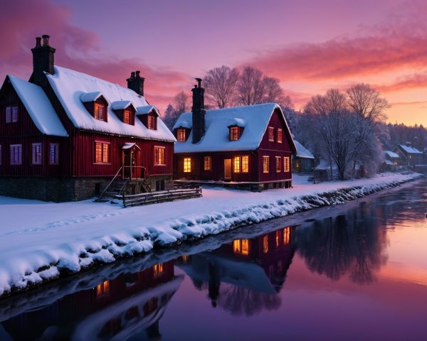 Winter Landscape with Snowy Cottages and Canal