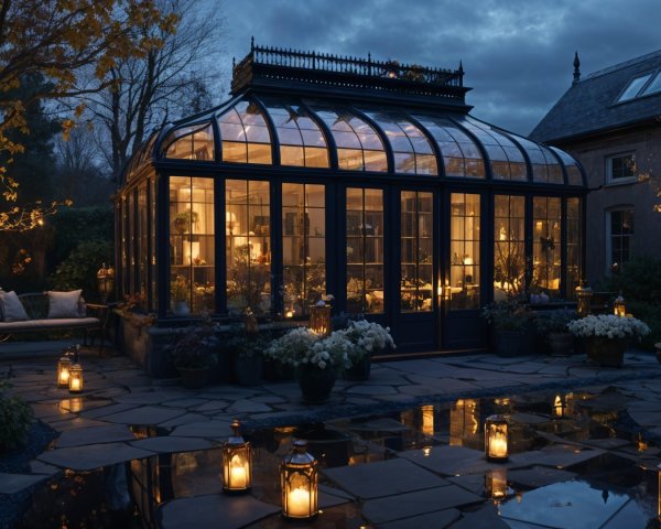 Illuminated Glass Conservatory in Twilight Garden
