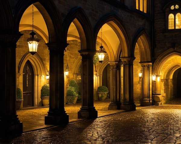 Serene Evening Scene in a Stone-Walled Courtyard