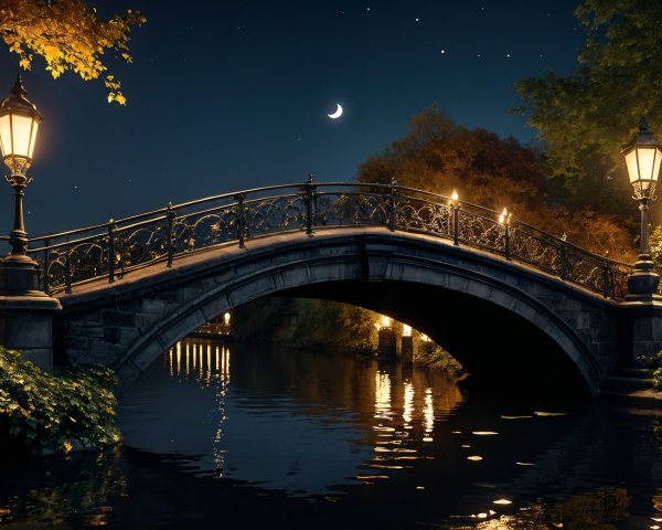 Stone Bridge Over Waterway Under Starry Night Sky
