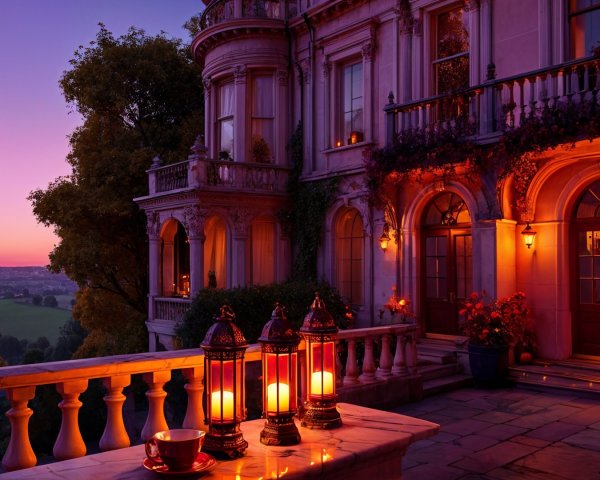 Elegant mansion at twilight with warm lantern glow