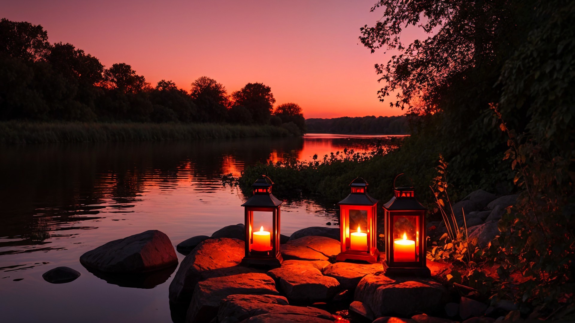 Tranquil Sunset Over Calm River with Lanterns