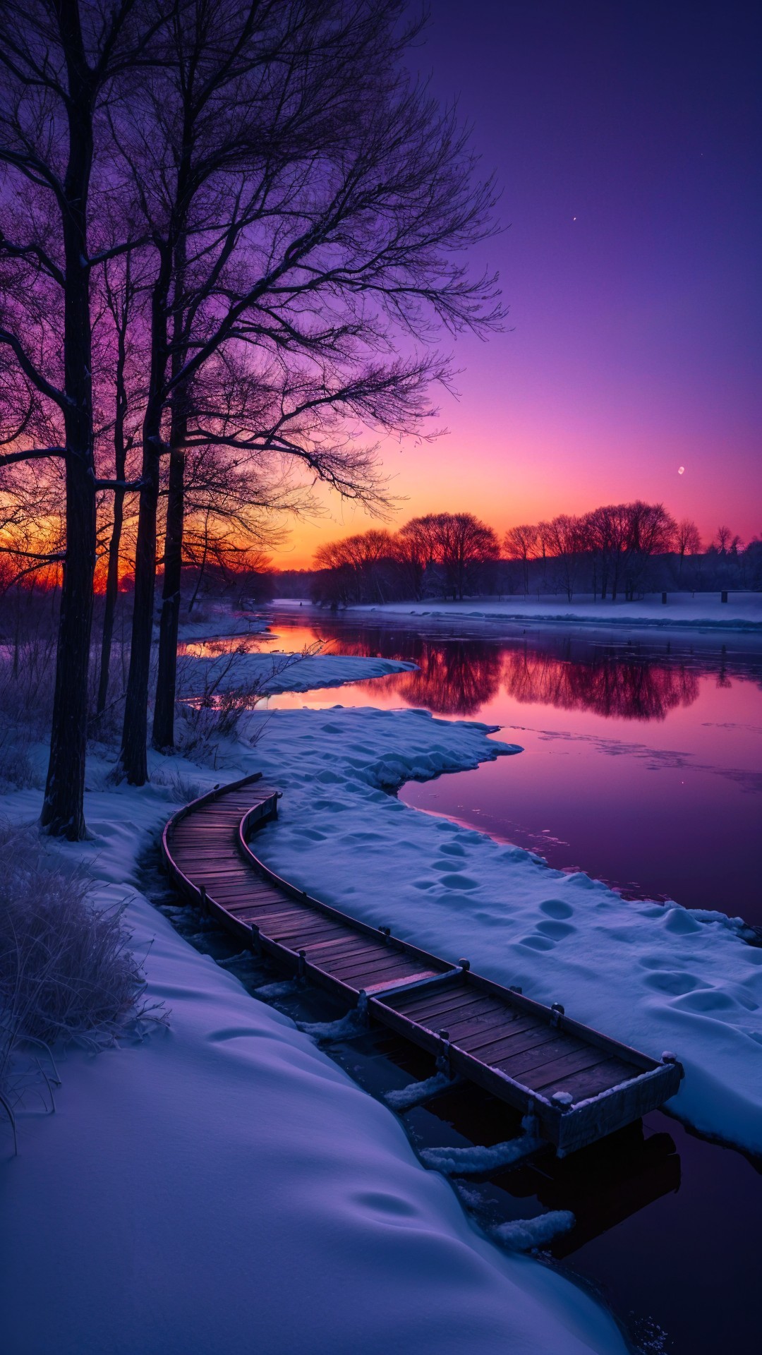 Winter Landscape with Wooden Path and Sunset Sky