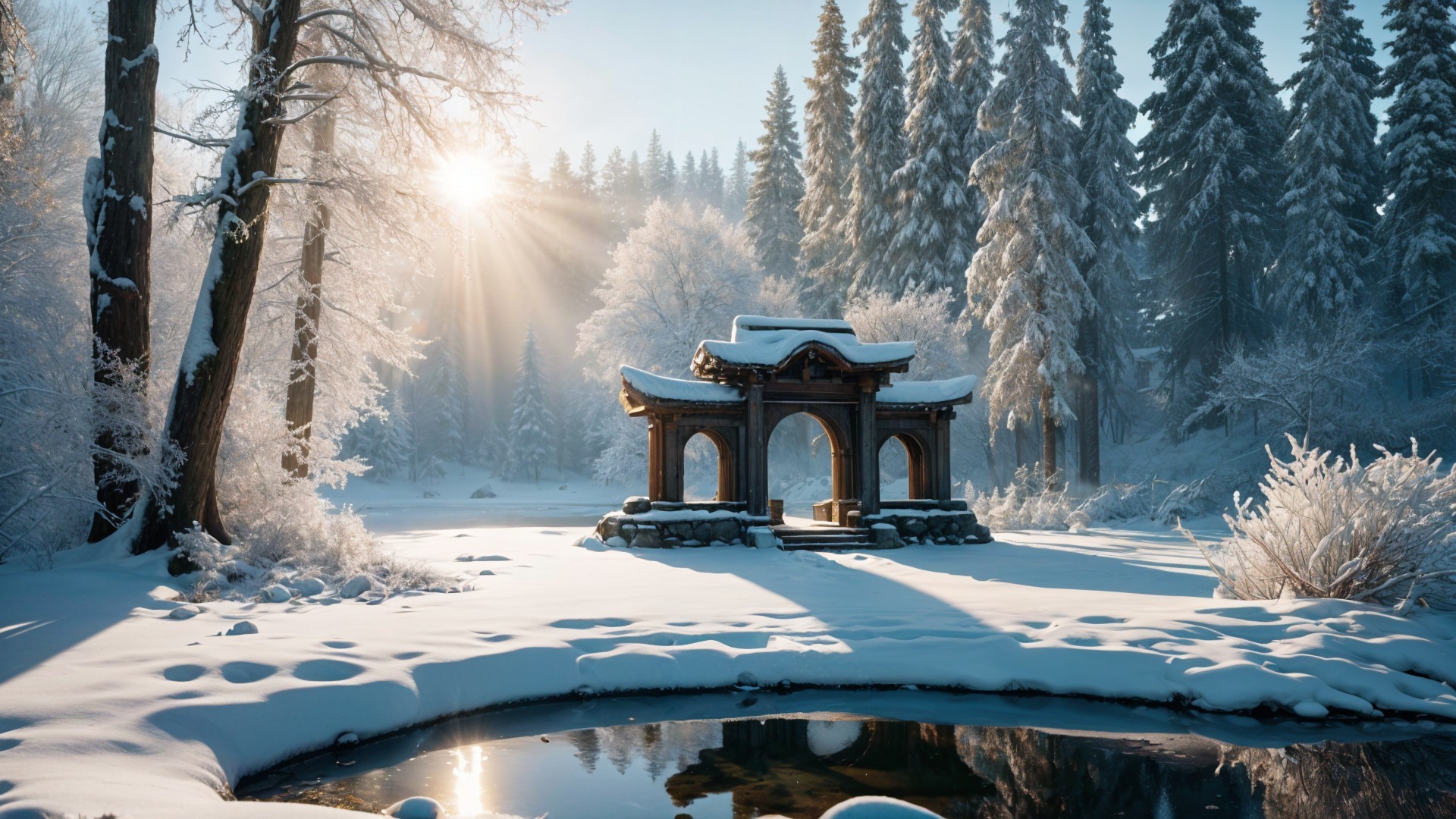 Winter Landscape with Gazebo and Snowy Evergreens
