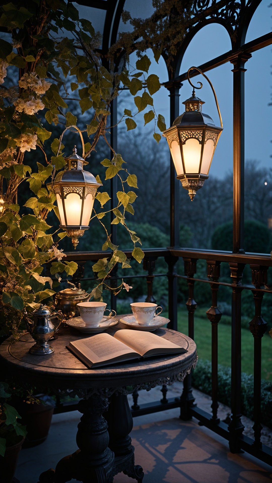 Cozy Balcony Scene with Lanterns and Teacups