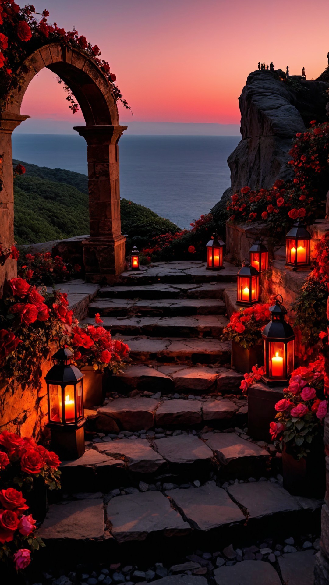 Serene Pathway with Rose Bushes and Sunset Sea View