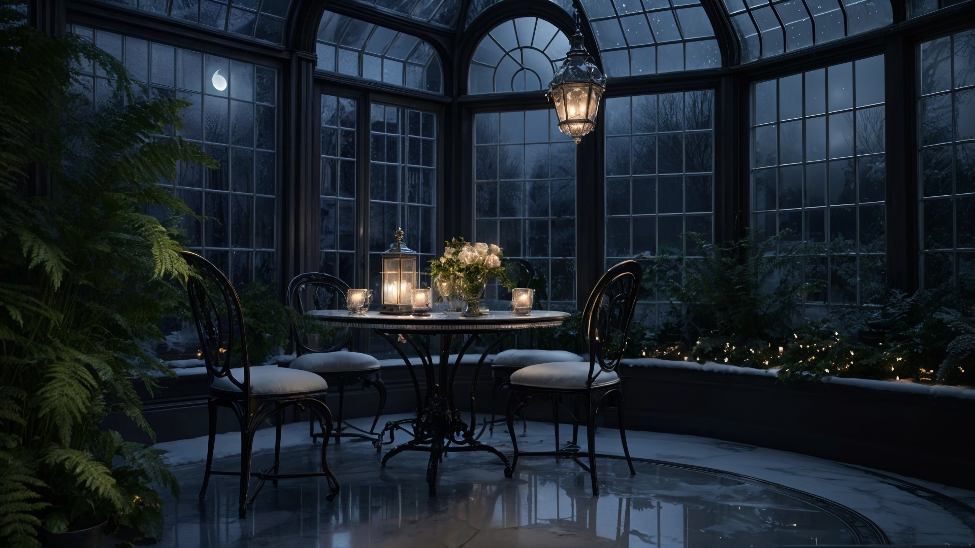 Serene Glass Conservatory with Elegant Table Setting