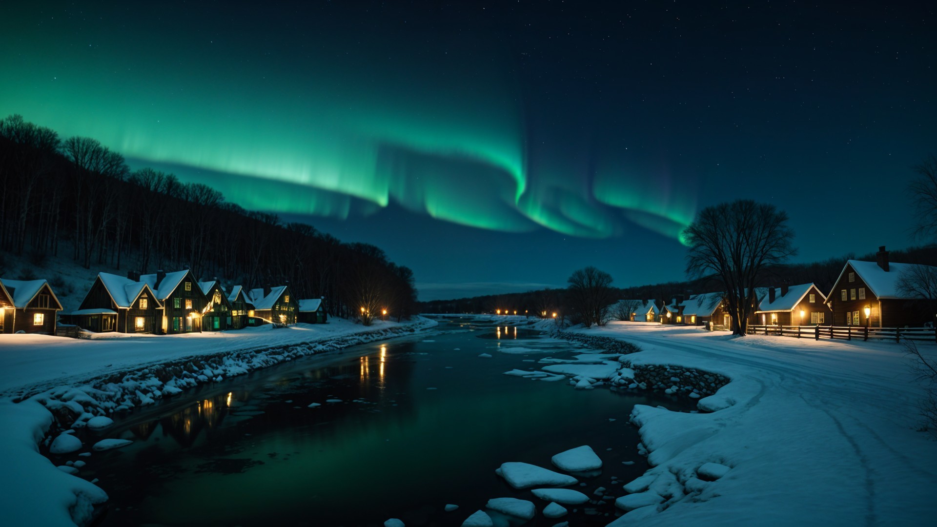 Serene Winter Landscape with Aurora Borealis and Cabins