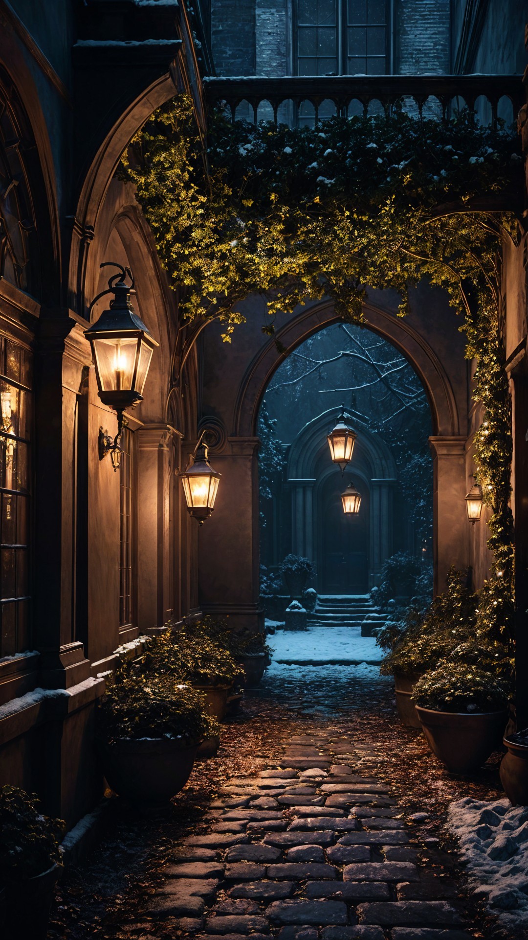 Serene Courtyard with Arched Walls and Lanterns