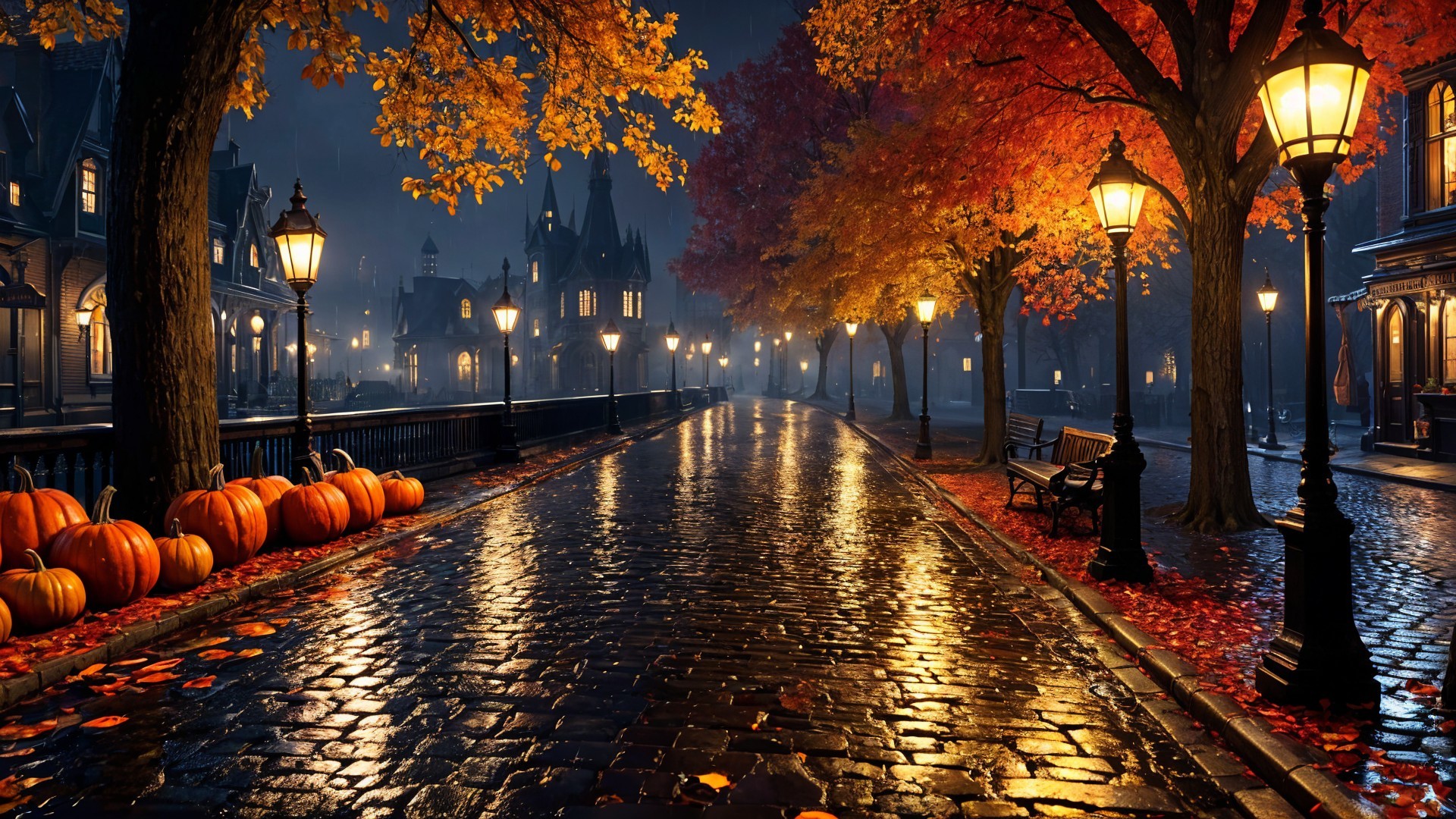 Serene Night Scene with Cobblestone Path and Autumn Leaves