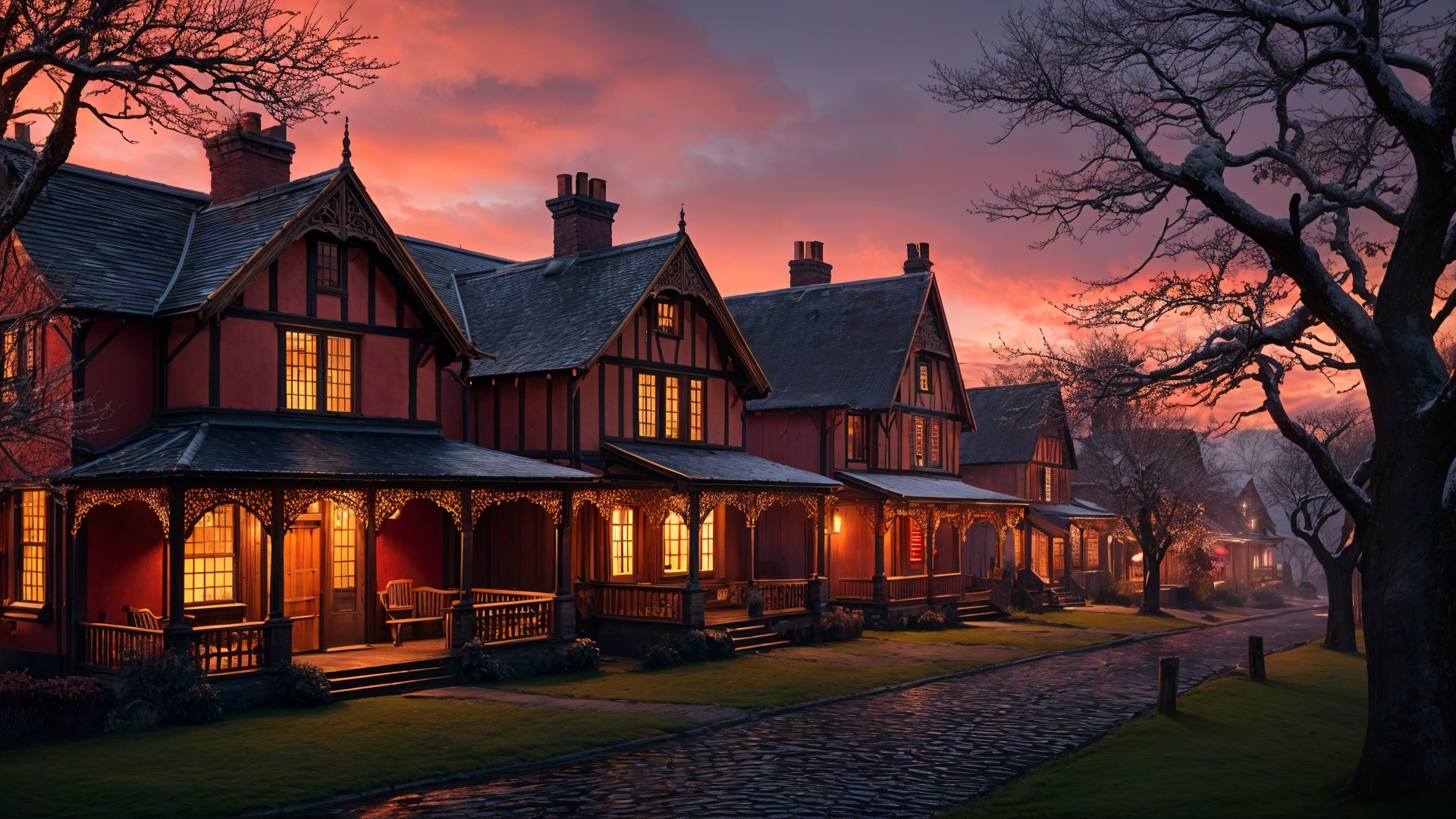 Traditional houses with evening light and twilight sky