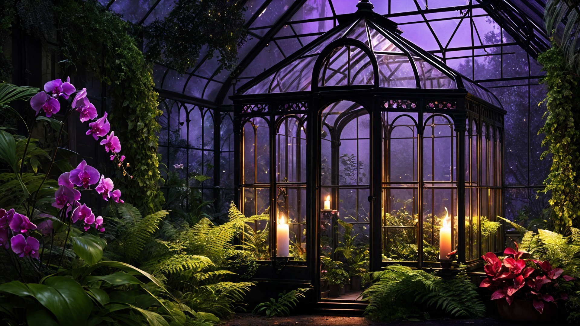 Serene greenhouse with purple light and lush plants